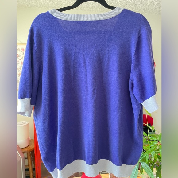 Purple ModCloth v-neck short-sleeve sweater with a cute embroidered mermaid-cat. - Picture 5 of 5